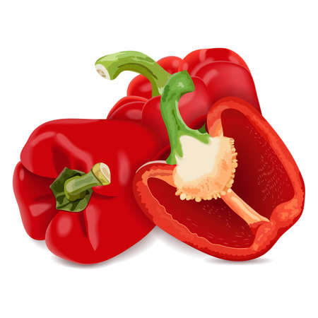 Whole and half bell peppers for banners, flyers, posters, social media. Red pepper, sweet bell pepper, capsicum. Fresh organic and healthy vegetables. Vector illustration isolated on white background.のイラスト素材