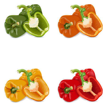 Three each red, green, yellow, and orange bell peppers for banners, flyers, posters, social media. Whole and half sweet bell peppers. Vegetables. Vector illustration isolated on white background.のイラスト素材