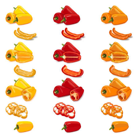 Set of red, yellow, and orange mini sweet peppers. Whole, half, sliced and wedges of capsicum. Fresh organic and healthy, vegetarian vegetables. Vector illustration isolated on white background.のイラスト素材