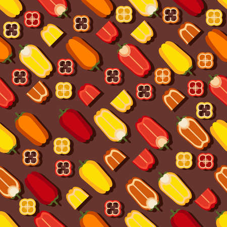 Seamless pattern with whole, half, wedges, and slices of mini sweet peppers. Red, yellow, and orange capsicum. Vegetables. Vector illustration isolated on brown background. Flat style.のイラスト素材