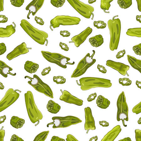 Seamless pattern with whole, half, and slices of Cubanelle pepper. Capsicum annuum cubanelle, cuban pepper, Italian Frying Pepper. Vector illustration isolated on white background. cartoon style.のイラスト素材