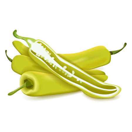 Whole and half of Banana Pepper. Yellow wax pepper. Banana chili pepper. Capsicum annuum. Fresh organic and healthy vegetables. Vector illustration isolated on white background.のイラスト素材