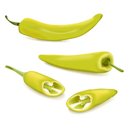 Whole and quarter of Banana Pepper for banners, flyers, posters, social media. Yellow wax pepper. Banana chili pepper. Capsicum annuum.Vegetables. Vector illustration isolated on white background.のイラスト素材