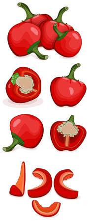 Set of Cherry Pepper for banners, social media. Whole, half, sliced and wedges peppers. Pimento. Pimiento. Capsicum annuum. Vegetables. Cartoon style. Vector illustration isolated on white background.のイラスト素材