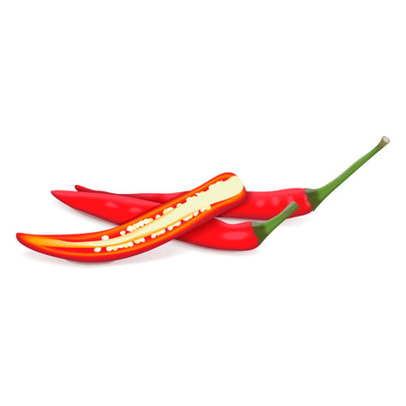 Whole and half of Red Thai chili peppers. Red Chilli Padi. Bird's eye Chilli. Bird Chilli. Thai pepper. Thai chili. Capsicum annuum. fresh vegetables. Vector illustration isolated on white background.のイラスト素材