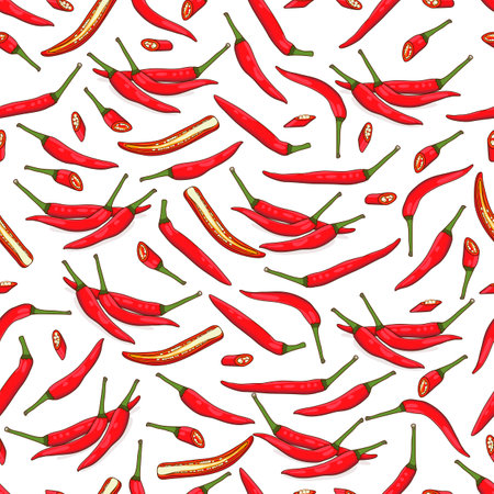 Seamless pattern with whole, half, wedges, of Red Thai chilli peppers. Birds eye Chili. Thai peppers. Thai chili. Vegetables. Vector illustration isolated on white background. Cartoon style.のイラスト素材