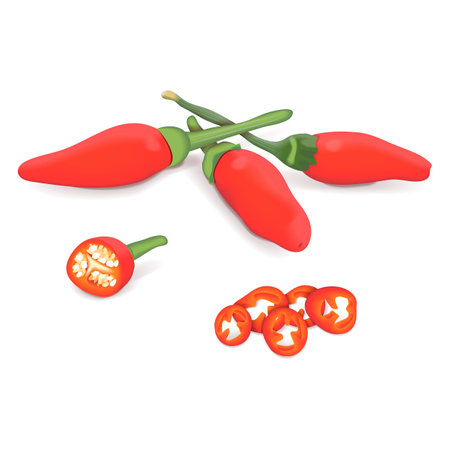 Whole, quarter, and wedges of Peri peri peppers. Peri peri peppers. Piri Piri. Piripiri. Pili pili. Birds eye peppers. Siling labuyo. Vegetables. Vector illustration isolated on white background.のイラスト素材