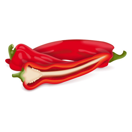 Whole and half of Sweet Italian chili peppers. Friggitello. Tuscan peppers. Pepperoncini peppers. Fresh organic and healthy vegetables. Vector illustration isolated on white background.のイラスト素材