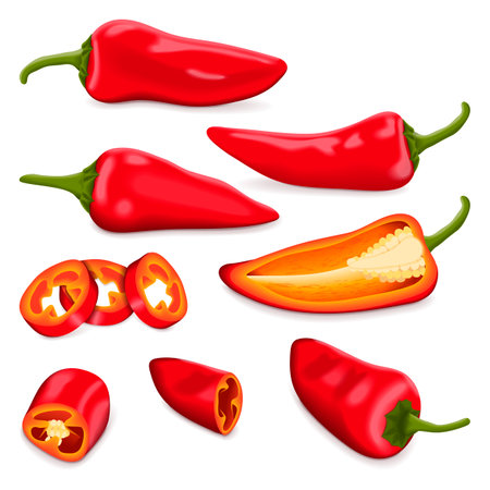 Set with whole, half, quarter, slices, and wedges of Red Fresno chili peppers. Capsicum annuum. Chili pepper. Vegetables. Vector illustration isolated on white background.のイラスト素材