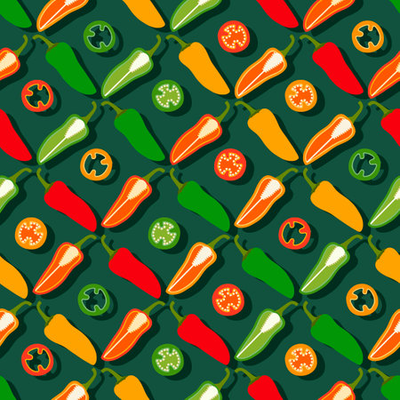 Seamless pattern with Fresno chili peppers. Red, green, orange fresno peppers. Chili pepper....
