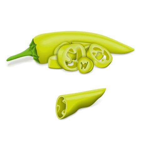 Whole, quarter, slices, and wedges of Hungarian Chile Peppers. Hungarian wax pepper. Hot Wax pepper. Capsicum annuum. chili pepper. Vegetables. Vector illustration isolated on white background.のイラスト素材