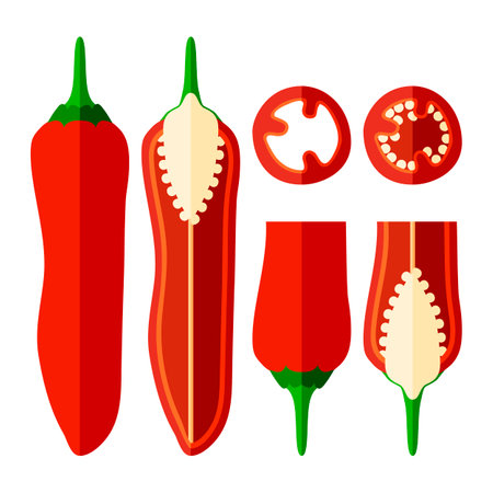 Set with whole, half, quarter, slices of Aleppo peppers. Halaby peppers. halabe peppers. Capsicum annuum. chili pepper. Vegetables. flat style. Vector illustration isolated on white background.のイラスト素材