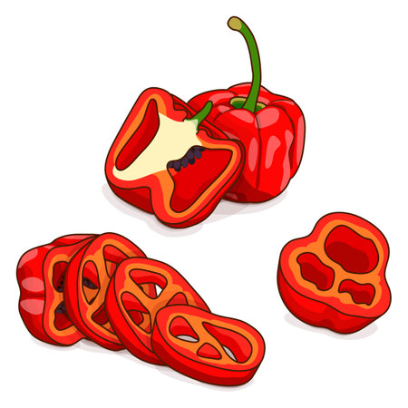 Whole, half, quarter, slices of Rocoto peppers. Locoto peppers. Rocote peppers. Chili pepper. Vegetables. Cartoon style. Vector illustration isolated on white background.のイラスト素材