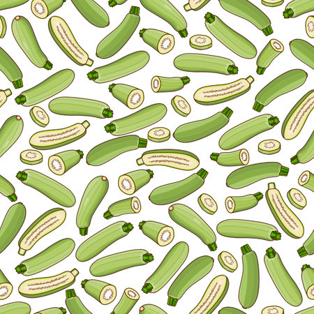 Seamless pattern with Lebanese zucchini or Green courgette. Courgette or marrow. Summer squash. Cucubits. Fruit and vegetables. Cartoon style. Vector illustration isolated on white background.のイラスト素材