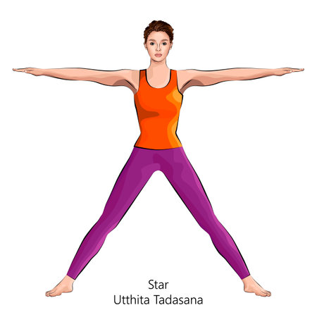 Full length side view of young woman practicing yoga, doing Star pose or Five Pointed Star pose or Utthita Tadasana. Standing and Neutral. beginner. Vector illustration isolated on white background.のイラスト素材