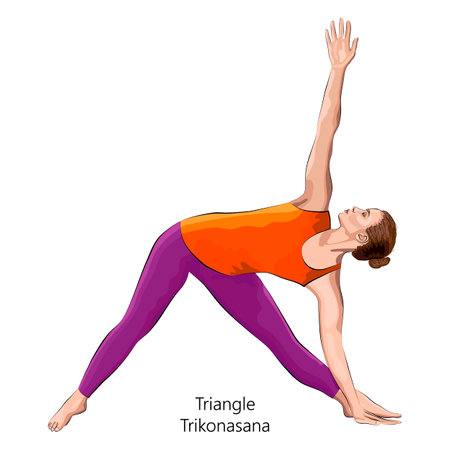 Full length side view of young woman practicing yoga exercise, doing Triangle pose or Trikonasana. Standing and Lateral Bend. beginner. Vector illustration isolated on white background.のイラスト素材