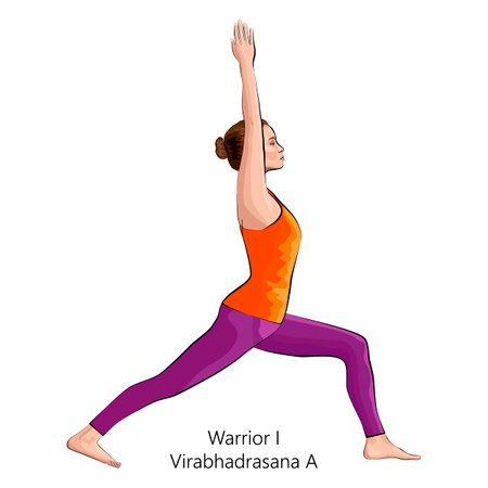 Full length side view of young woman practicing yoga exercise, doing Warrior I pose or Virabhadrasana A. Standing and Balancing. beginner. Vector illustration isolated on white background.のイラスト素材