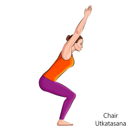 Full length side view of young woman practicing yoga exercise, doing Chair pose or Fierce pose or Utkatasana. Standing and Balancing. beginner. Vector illustration isolated on white background.のイラスト素材