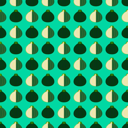 Seamless pattern with Round Zucchini or Eight Ball squash. Courgette or marrow. Summer squash. Cucubits. Fruit and vegetables. Flat style. Vector illustration isolated on turquoise background.のイラスト素材