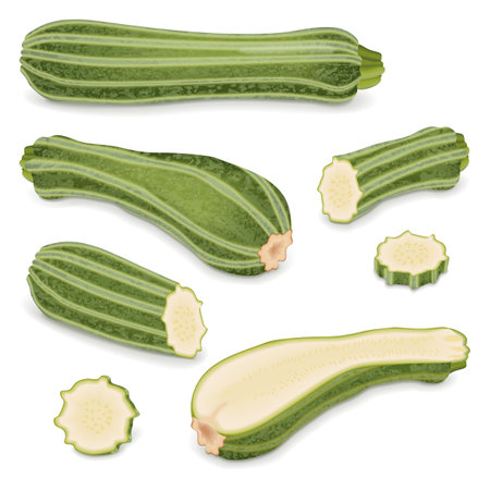 Set of Costata Romanesco squash or Ribbed Roman. Cocozzelle. Courgette or marrow. Summer squash. Cucurbita pepo. Fruits and vegetables. Vector illustration isolated on white background.のイラスト素材