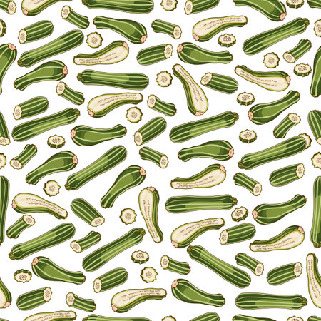 Seamless pattern with Costata Romanesco squash or Ribbed Roman. cocozzelle. Courgette or marrow. Summer squash. fruits and vegetables. cartoon style. Vector illustration isolated on white background.のイラスト素材