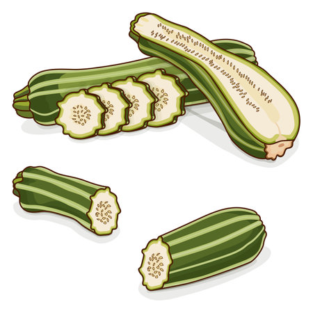Whole, half, quarter, slices of Costata Romanesco squash or Ribbed Roman. Courgette or marrow. Summer squash. Fruits. Vegetables. Cartoon style. Vector illustration isolated on white background.のイラスト素材