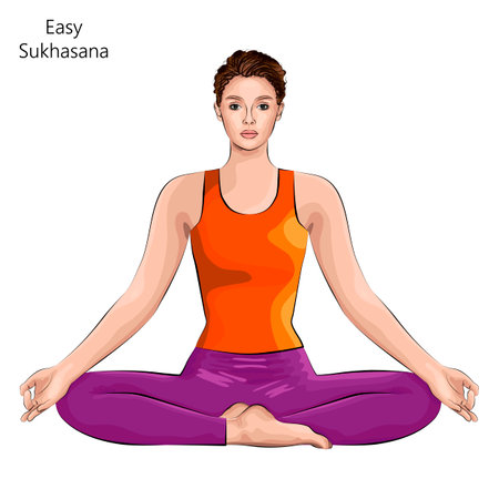 Young woman practicing yoga exercise, doing Easy pose. Sukhasana. Seated and Neutral. beginner. Vector illustration isolated on white background.のイラスト素材