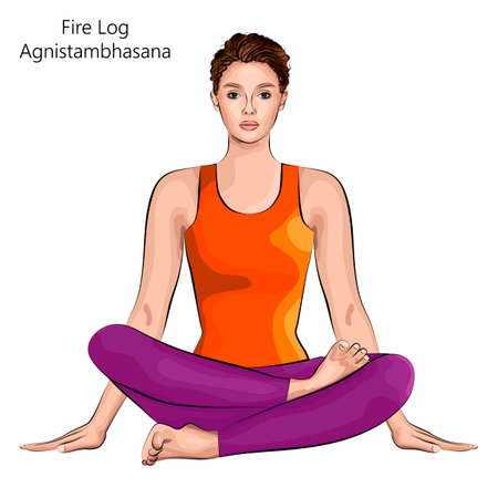 Young woman practicing yoga exercise, doing Fire Log pose or Double Pigeon pose or Square pose. Agnistambhasana. Seated and Neutral. beginner. Vector illustration isolated on white background.のイラスト素材