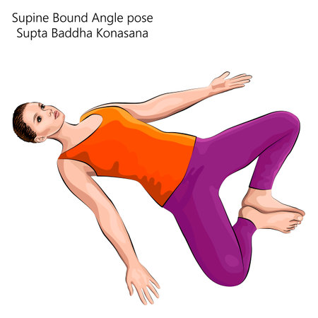 Young woman practicing yoga exercise, doing Supine Bound Angle pose. Supta baddha konasana. Supine and Neutral. beginner. Vector illustration isolated on white background.のイラスト素材