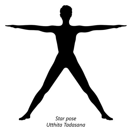 Flat black silhouette of young woman practicing yoga, doing Star pose or Five Pointed Star pose or Utthita Tadasana. Standing and Neutral. Vector illustration isolated on transparent background.のイラスト素材