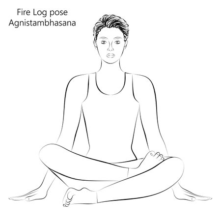 Sketch of young woman practicing yoga, doing Fire Log pose or Double Pigeon pose or Square pose. Agnistambhasana. Seated and Neutral. beginner. Vector illustration isolated on transparent background.のイラスト素材
