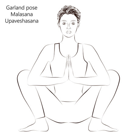 Sketch of young woman practicing yoga, doing Garland pose or Yogi Squat pose. Malasana or Upaveshasana. Seated and Balancing. beginner. Vector illustration isolated on transparent background.のイラスト素材