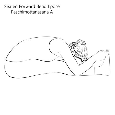 Sketch of young woman practicing yoga, doing Seated Forward Bend 1 pose or Intense West Stretch. Paschimottanasana A. Seated and Forward Bend. Vector illustration isolated on transparent background.のイラスト素材