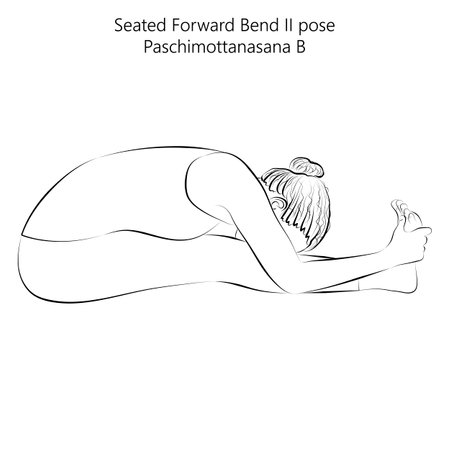 Sketch of young woman practicing yoga, doing Seated Forward Bend 2 pose or Intense West Stretch. Paschimottanasana B. Seated and Forward Bend. Vector illustration isolated on transparent background.のイラスト素材