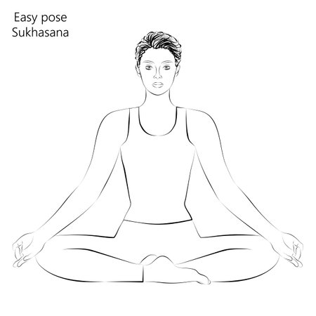 Sketch of young woman practicing yoga, doing Easy pose. Sukhasana. Seated and Neutral. beginner. Vector illustration isolated on transparent background.のイラスト素材