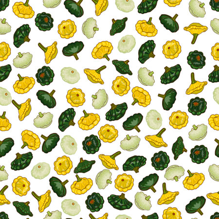 Seamless pattern with Yellow, green and white Patty Pan squash. Scallop or Scallopini squash. Summer squash. Fruits and vegetables. Cartoon style. Vector illustration isolated on white background.のイラスト素材