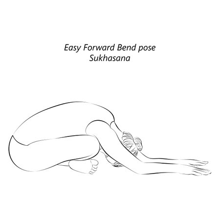 Sketch of young woman practicing yoga, doing Easy Forward Bend pose. Sukhasana. Seated and Neutral. beginner. Vector illustration isolated on transparent background.のイラスト素材
