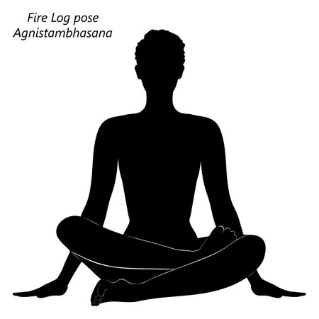 Flat black silhouette of young woman practicing yoga, doing Fire Log pose or Double Pigeon or Square pose. Agnistambhasana. Seated and Neutral. Vector illustration isolated on transparent background.のイラスト素材