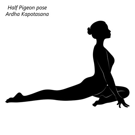 Flat black silhouette of young woman practicing yoga, doing Half Pigeon pose or Swan pose. Ardha Kapotasana. Seated and Backbend. beginner. Vector illustration isolated on transparent background.のイラスト素材