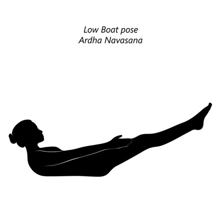 Flat black silhouette of young woman practicing yoga, doing Low Boat pose or Canoe pose. Ardha Navasana. Seated and Balancing. beginner. Vector illustration isolated on transparent background.のイラスト素材