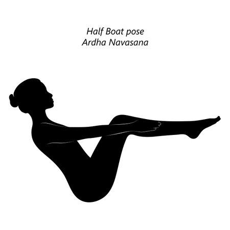 Flat black silhouette of young woman practicing yoga, doing Half Boat pose. Ardha Navasana. Seated and Balancing. beginner. Vector illustration isolated on transparent background.のイラスト素材
