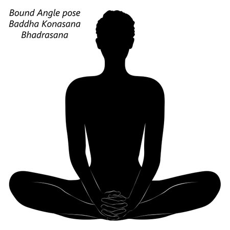 Flat black silhouette of young woman practicing yoga, doing Butterfly pose or Bound Angle pose. Baddha Konasana or Bhadrasana. seated. Neutral. Vector illustration isolated on transparent background.のイラスト素材