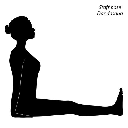 Flat black silhouette of young woman practicing yoga, doing Staff pose or Stick pose. Dandasana. Seated and Neutral. beginner. Vector illustration isolated on transparent background.のイラスト素材