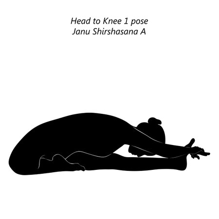 Flat black silhouette of young woman practicing yoga, doing Head to Knee 1 pose. Janu Shirshasana A. Seated and Forward Bend. beginner. Vector illustration isolated on transparent background.のイラスト素材