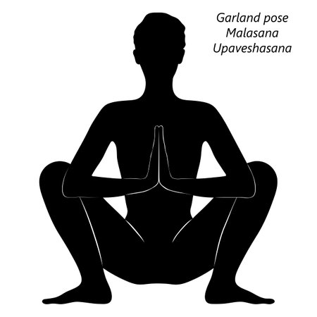 Flat black silhouette of young woman practicing yoga, doing Garland pose or Yogi Squat pose. Malasana or Upaveshasana. Seated and Balancing. Vector illustration isolated on transparent background.のイラスト素材