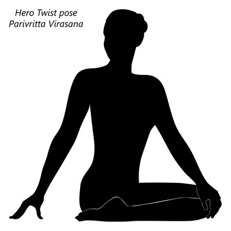 Flat black silhouette of young woman practicing yoga, doing Hero Twist pose. Parivritta Virasana. Seated and Twist. beginner. Vector illustration isolated on transparent background.のイラスト素材