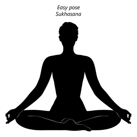 Flat black silhouette of young woman practicing yoga, doing Easy pose. Sukhasana. Seated and Neutral. beginner. Vector illustration isolated on transparent background.のイラスト素材
