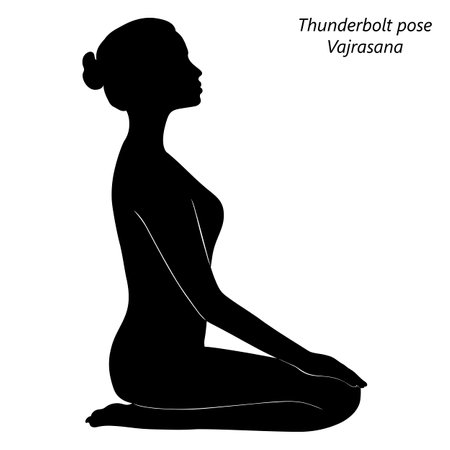 Flat black silhouette of young woman practicing yoga, doing Thunderbolt pose or Diamond pose or Kneeling pose. Vajrasana. Seated and Neutral. Vector illustration isolated on transparent background.のイラスト素材