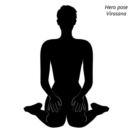 Flat black silhouette of young woman practicing yoga, doing Hero pose. Virasana. Seated and Backbend. beginner. Vector illustration isolated on transparent background.のイラスト素材