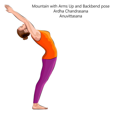 Young woman practicing yoga exercise, doing Mountain with Arms Up and Backbend pose. Ardha Chandrasana. Anuvitasana. Standing and Backbend. beginner. Vector illustration isolated on white background.のイラスト素材